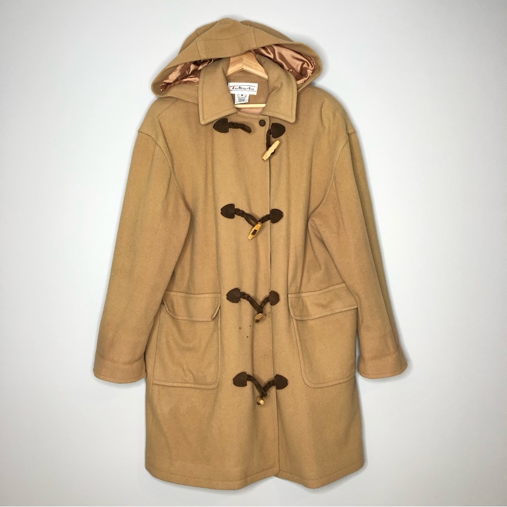 Talbots Camel Duffle Long Coat 100% Wool Removable Hooded Toggle Overcoat Jacket